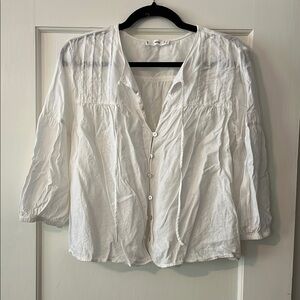 Mango White 3/4 Sleeve Pleated Linen Blend Peasant Blouse
